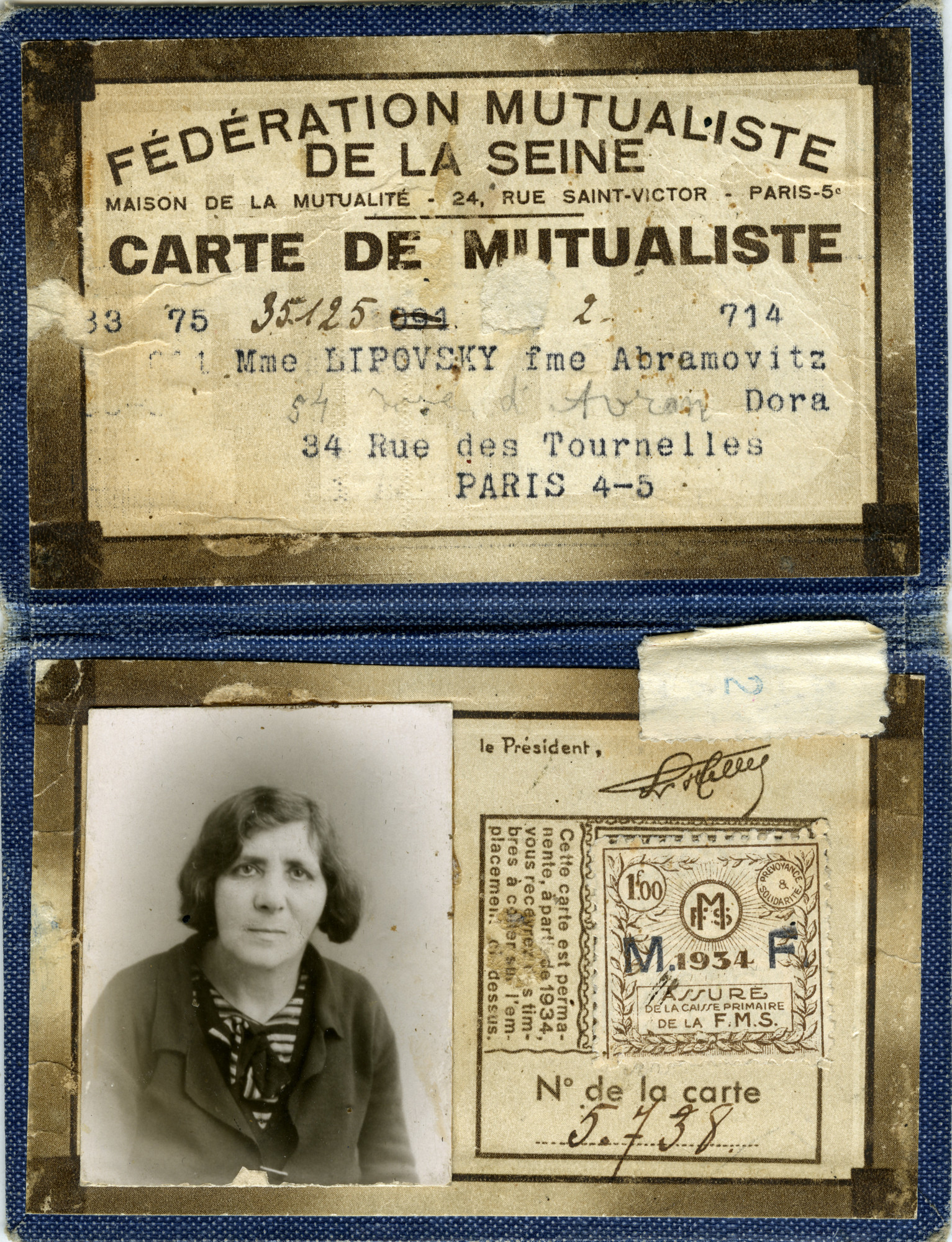 Dora Abramovitz' seamstress Carte de Mutualiste.