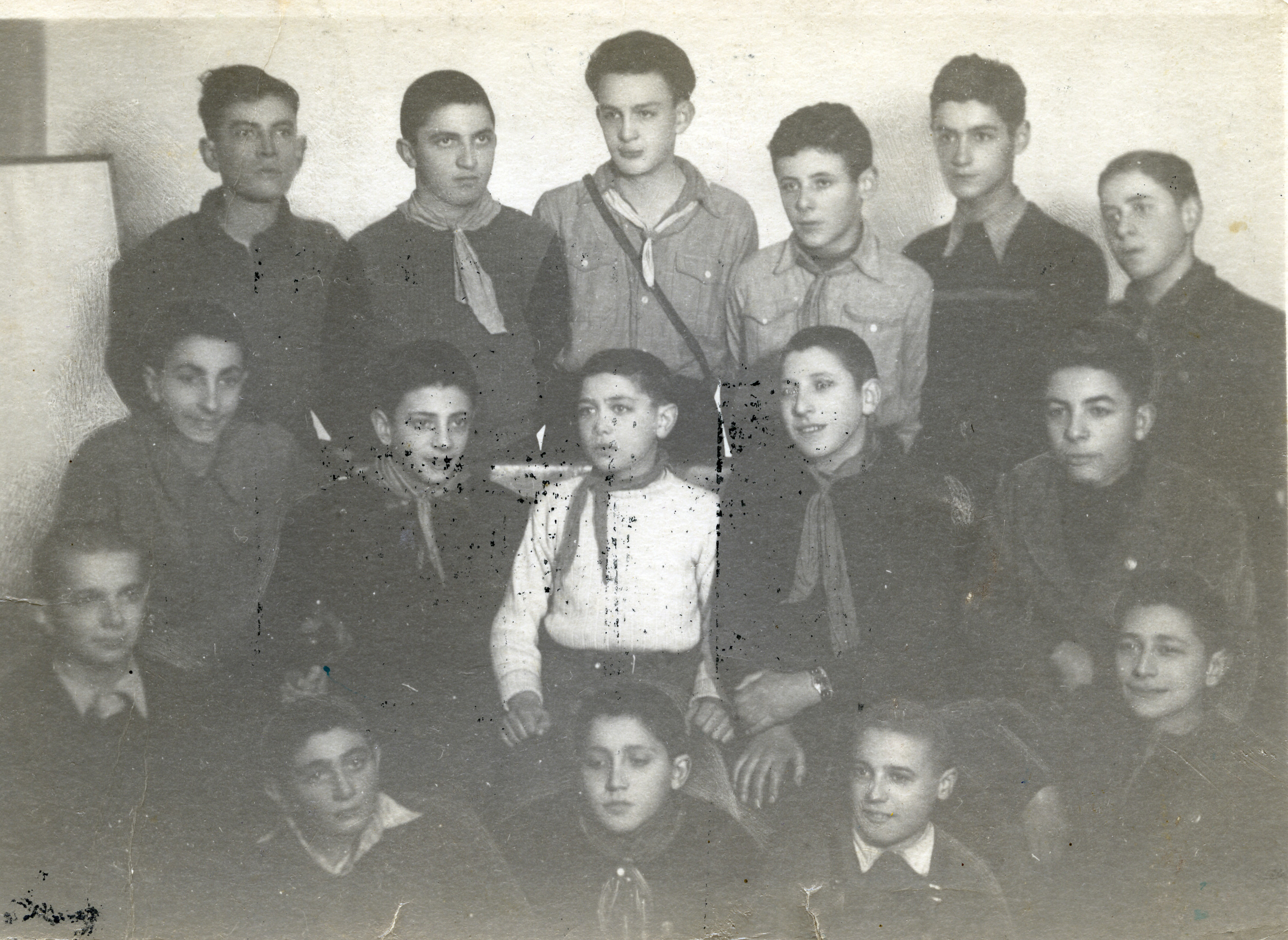 Group portrait of members of the Shomer Hazair youth movement in Sofia.

Among those pictured are Avraham Alajem (middle row, far right) and a youth group counsellor, Dan Pelli (back row, third from the left).