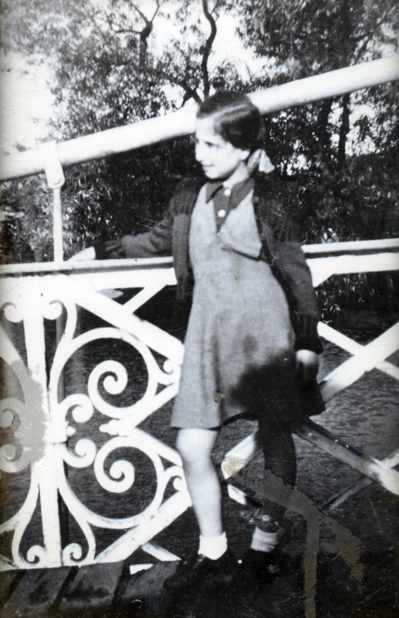 A Belgian Jewish girl leans against an intricate railing. 

Pictured is Adele Bogner (later Judas).