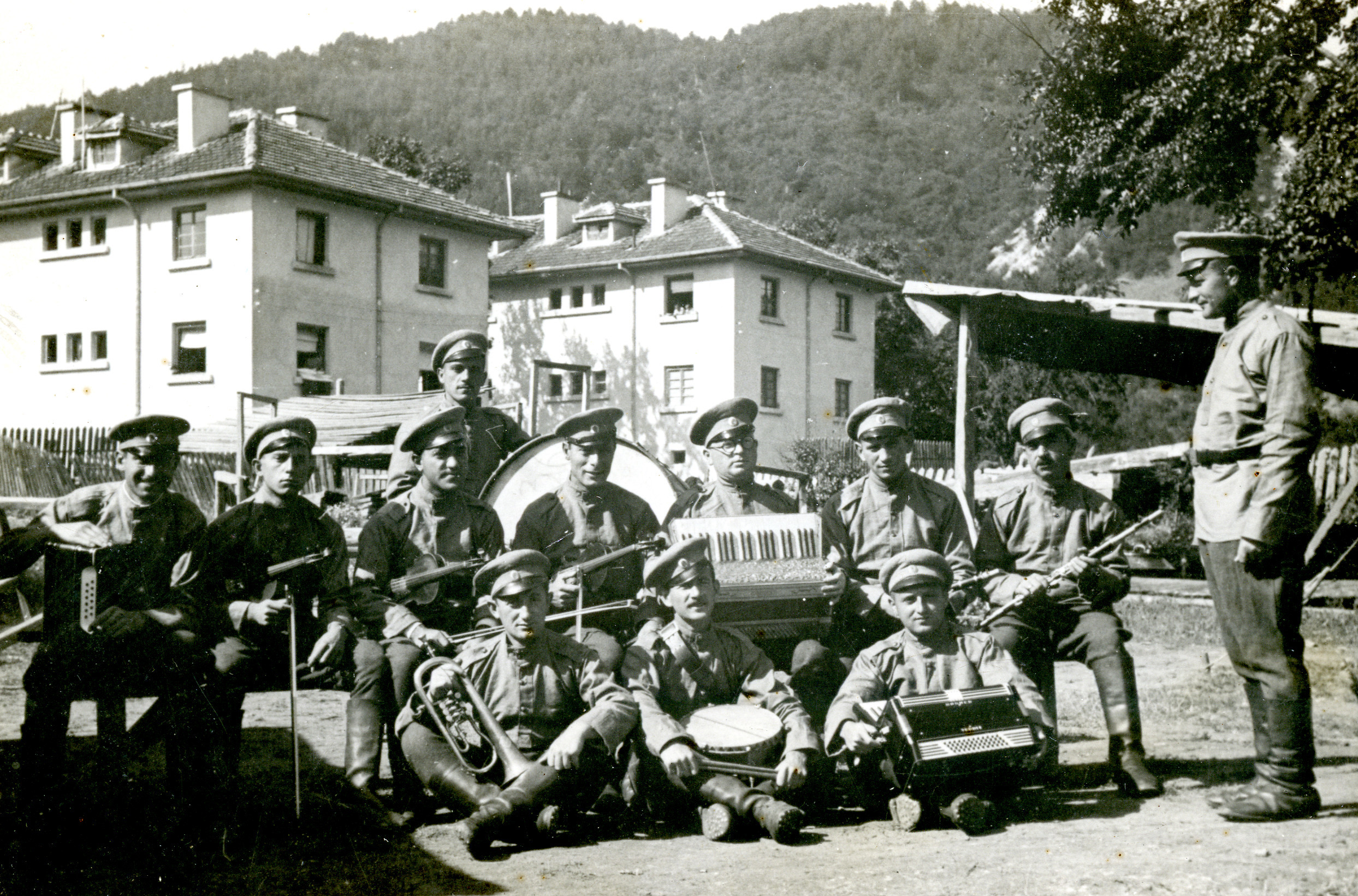 Group portrait of Bulgarian musicians in an unidentified location.  

Among those pictured is Nissim Alkalay (seated in the second row, third from the left).