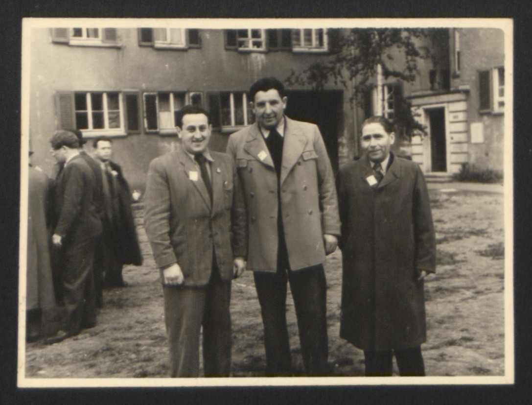 Chil Turek (center) poses with two other men in the Feldafing displaced persons camp.

ORT instructor Weingort is standing to the right of Chiel.