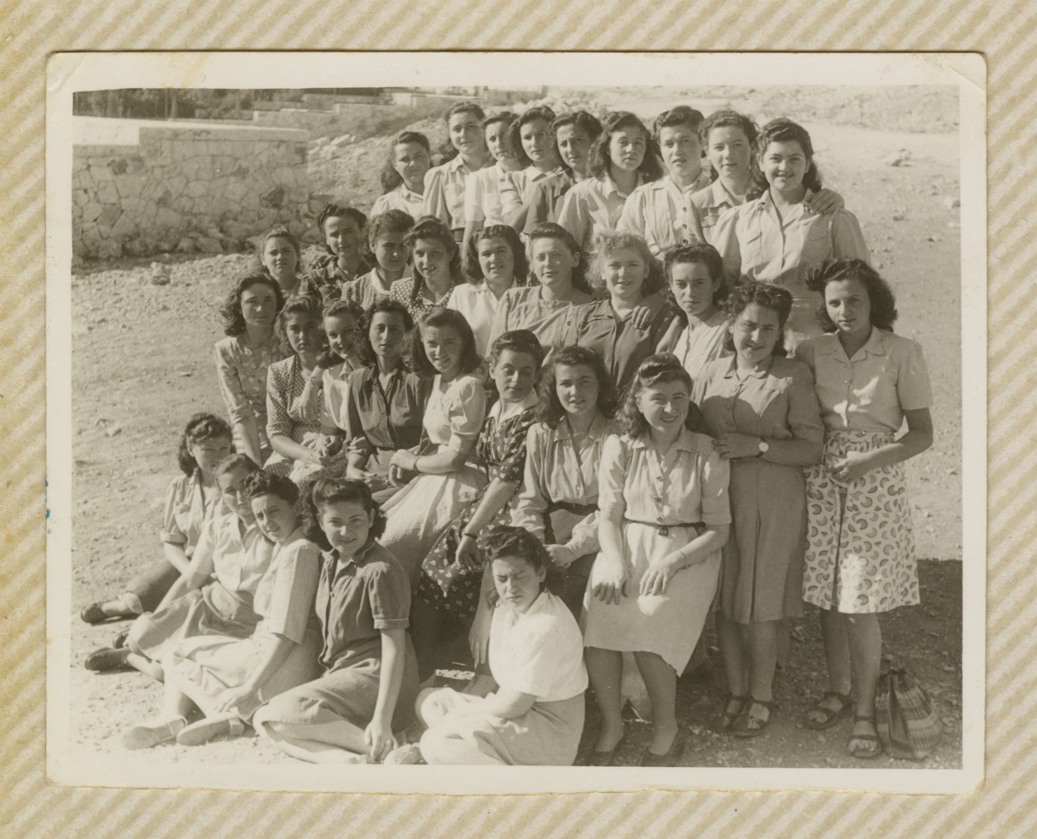 Group portrait of young women in a religious Beit Yaakov school in Jerusalem.