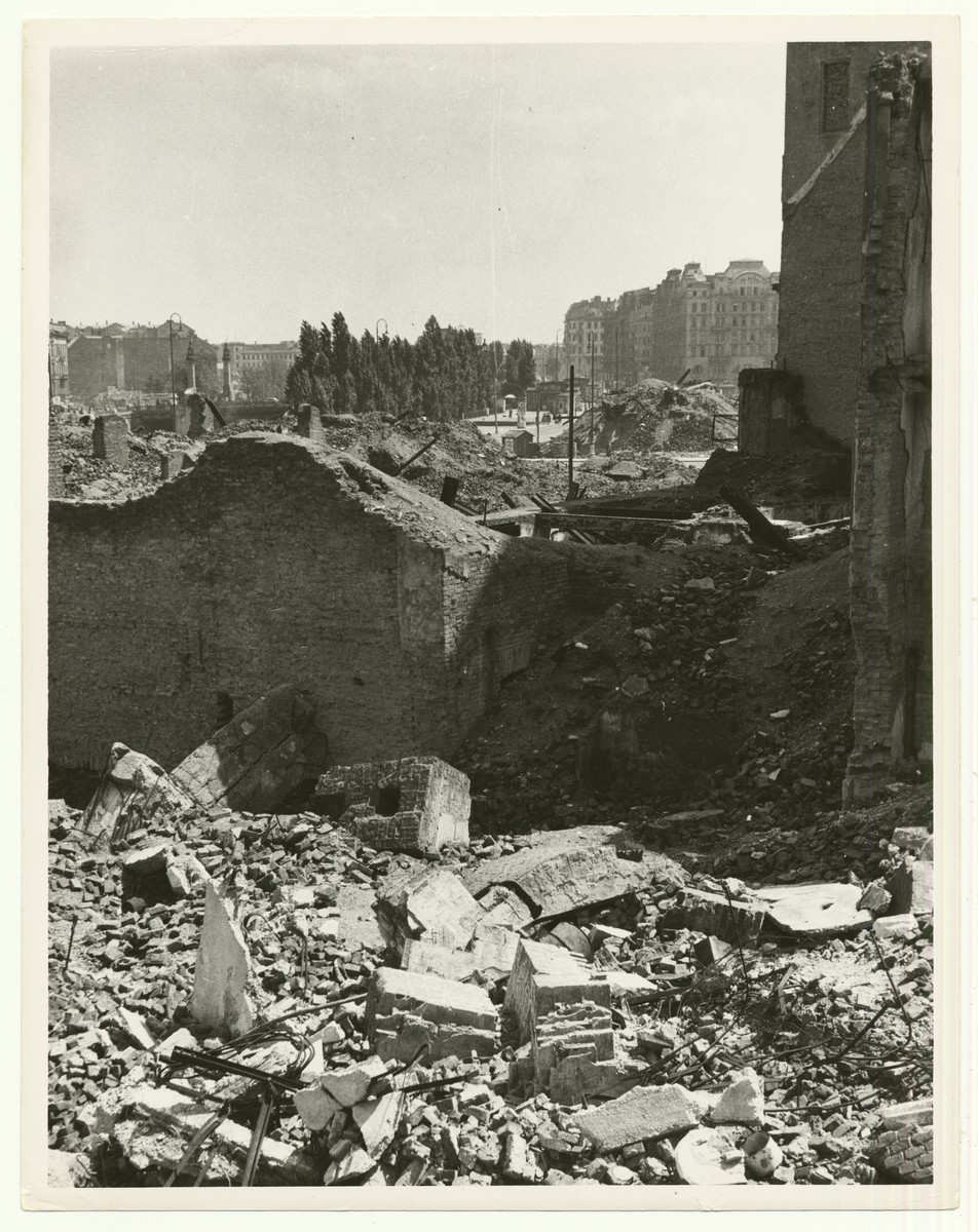 View of the destroyed former Gestapo headquarters in the Hotel Metropole at Franz Joseph's Quay in Vienna, Austria.

The Hotel Metropole was constructed in 1871-1873.  After the annexation of Austria to Nazi Germany March, 1938, the hotel was confiscated by the Gestapo and used as their headquarters until the building was hit by a bomb and burned down during World War II.

The handwritten caption on the back of the photograph reads: "Former Gestapo Building, Franz Josephs Kai, Vienna."