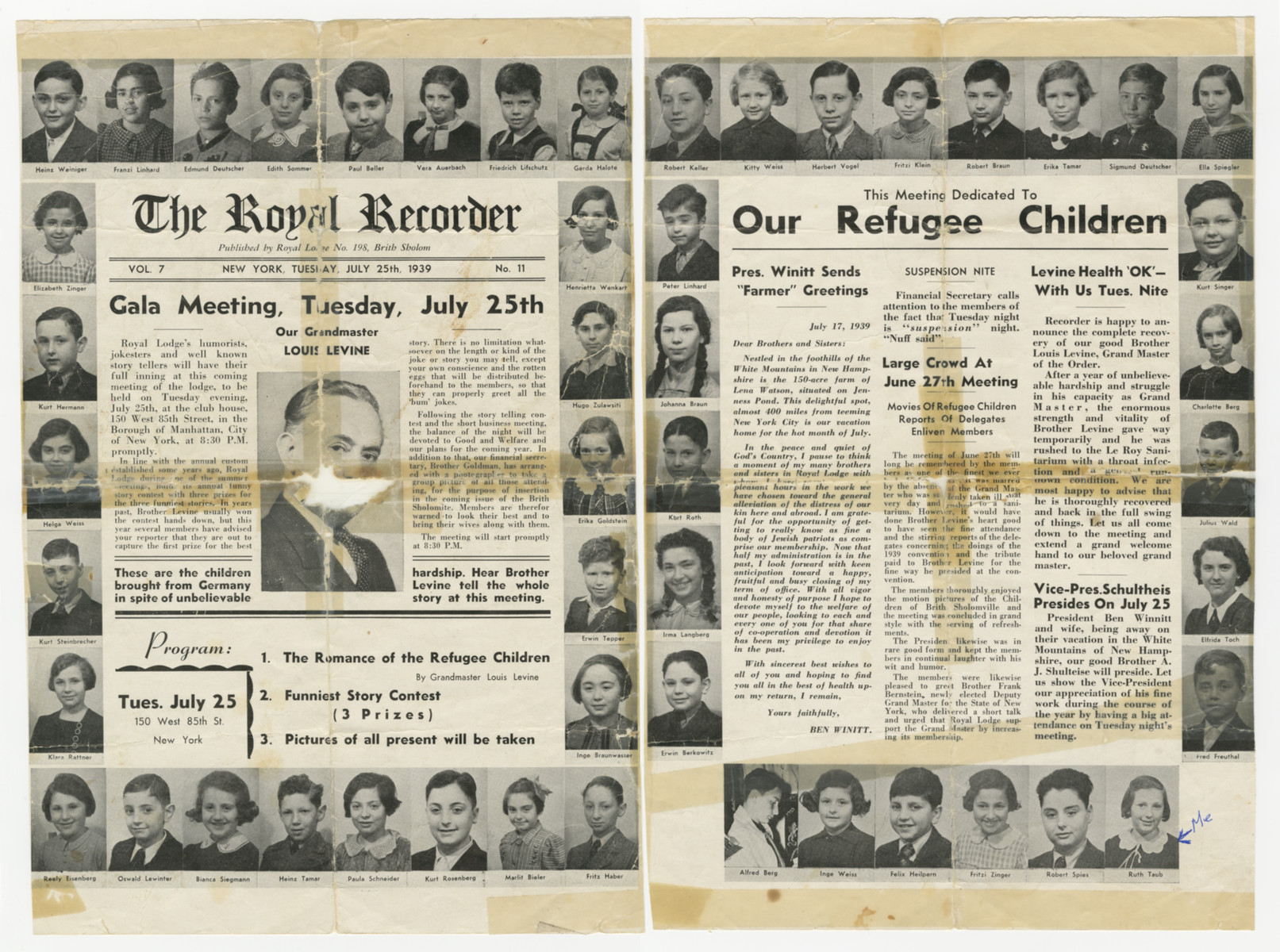 Brith Shalom newsletter showing the photographs of all fifty children brought to the United States by Gilbert and Eleanor Kraus.