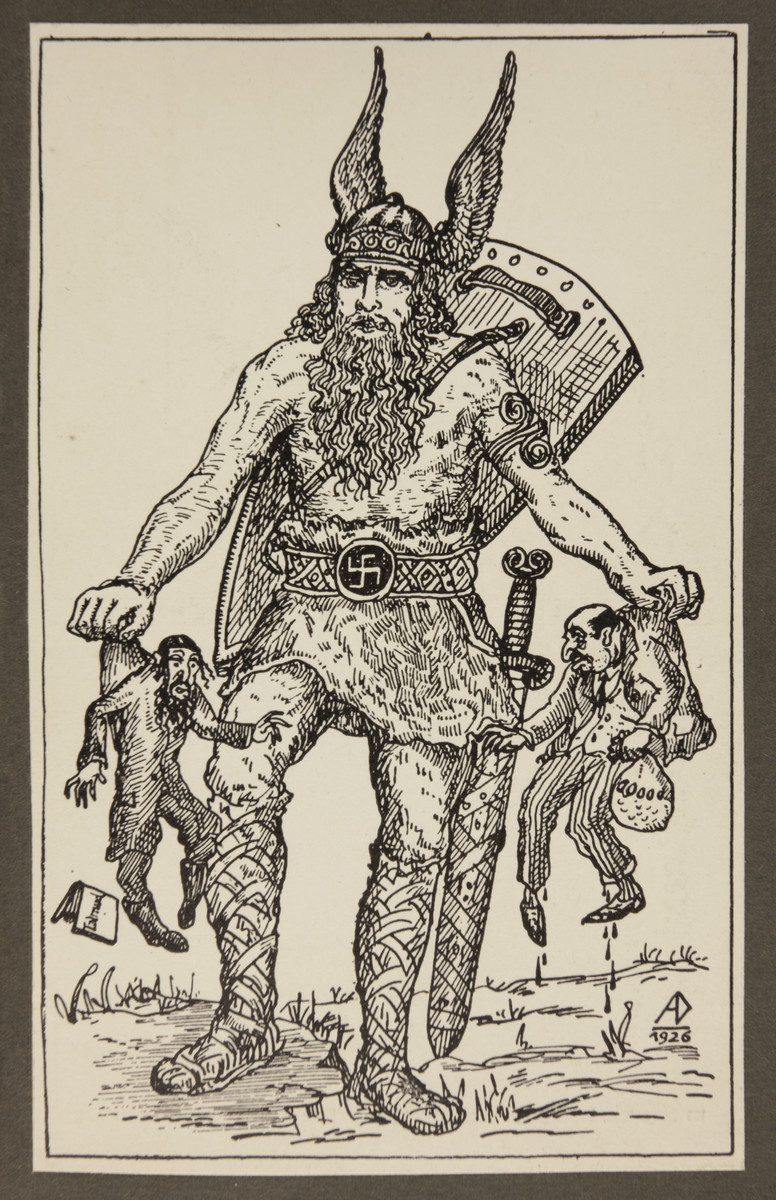 Antisemitic Nazi propaganda of the Germanic god Odin carting off two stereotypically depicted Jewish men, one a banker and the second a rabbi.