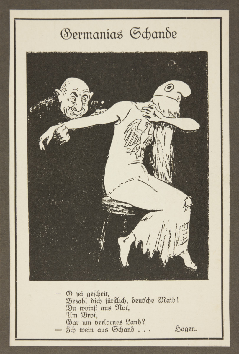 Antisemitic propaganda of Germania, the female personification of the German nation, rebuffing a stereotypically depicted Jewish man.

The text reads: 

"Germania's Degredation
Oh be sensible!
I will pay you princely, German girl!
Do you weep for poverty, 
For bread, 
Or for your forsaken land?
I weep for shame... Hagen."