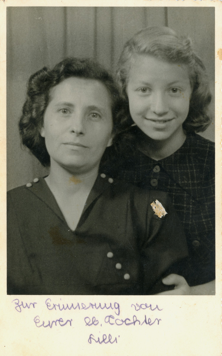 Bluma Drabinowski poses with her daughter Lilli.

Lilli was fourteen when she escaped to Palestine on a kindertransport.