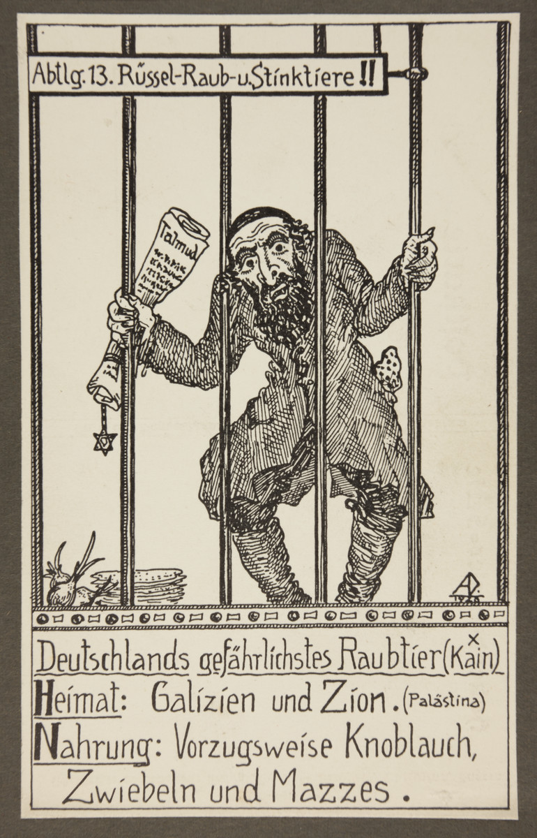 Antisemitic propaganda depicting a stereotypical Jew in a zoo cage.

The text reads: "Class 13. Predatory animals with elongated snouts that stink.  
Germany's most dangerous predator (Cain)
Habitat: Galicia and Zion (Palestine)
Diet: Mainly garlic, onions, and matzohs"