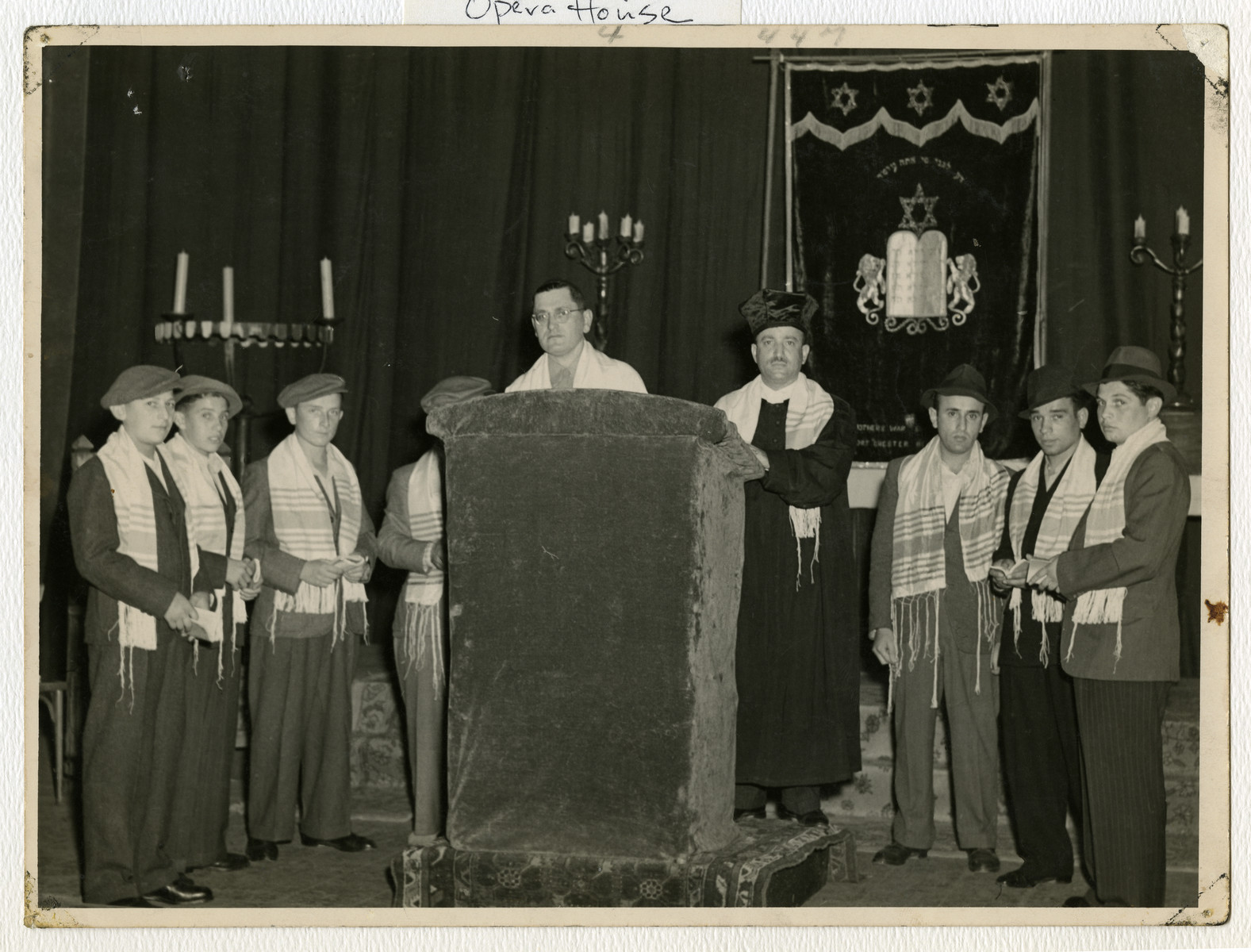 Cantor Moses Rontal officiates at the first High Holiday services after liberation held in the Stuttgart opera house.