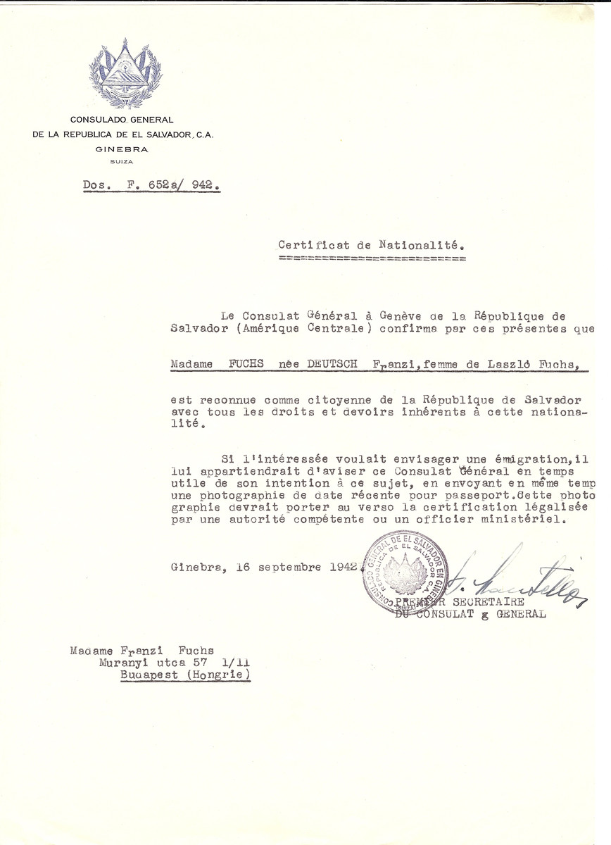 Unauthorized Salvadoran citizenship certificate made out to Franzi (nee Deutsch) Fuchs (the wife of Laszlo Fuchs) by George Mandel-Mantello, First Secretary of the Salvadoran Consulate in Geneva and sent to her in Budapest.