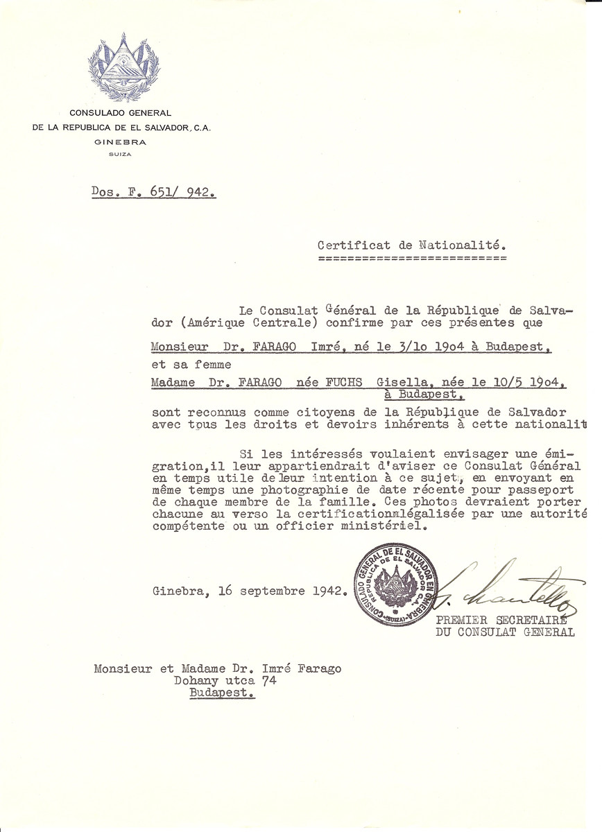 Unauthorized Salvadoran citizenship certificate made out to Imre Farago (b. October 3, 1904 in Budapest) and his wife Gisella (nee Fuchs) Farago (b. May 10, 1904 in Budapest) by George Mandel-Mantello, First Secretary of the Salvadoran Consulate in Geneva and sent to them in Budapest.
