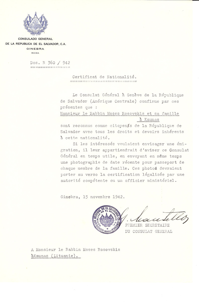 Unauthorized Salvadoran citizenship certificate made out to Rabbi Moses Rosovskis and his family by George Mandel-Mantello, First Secretary of the Salvadoran Consulate in Geneva and sent to them in Kaunas.