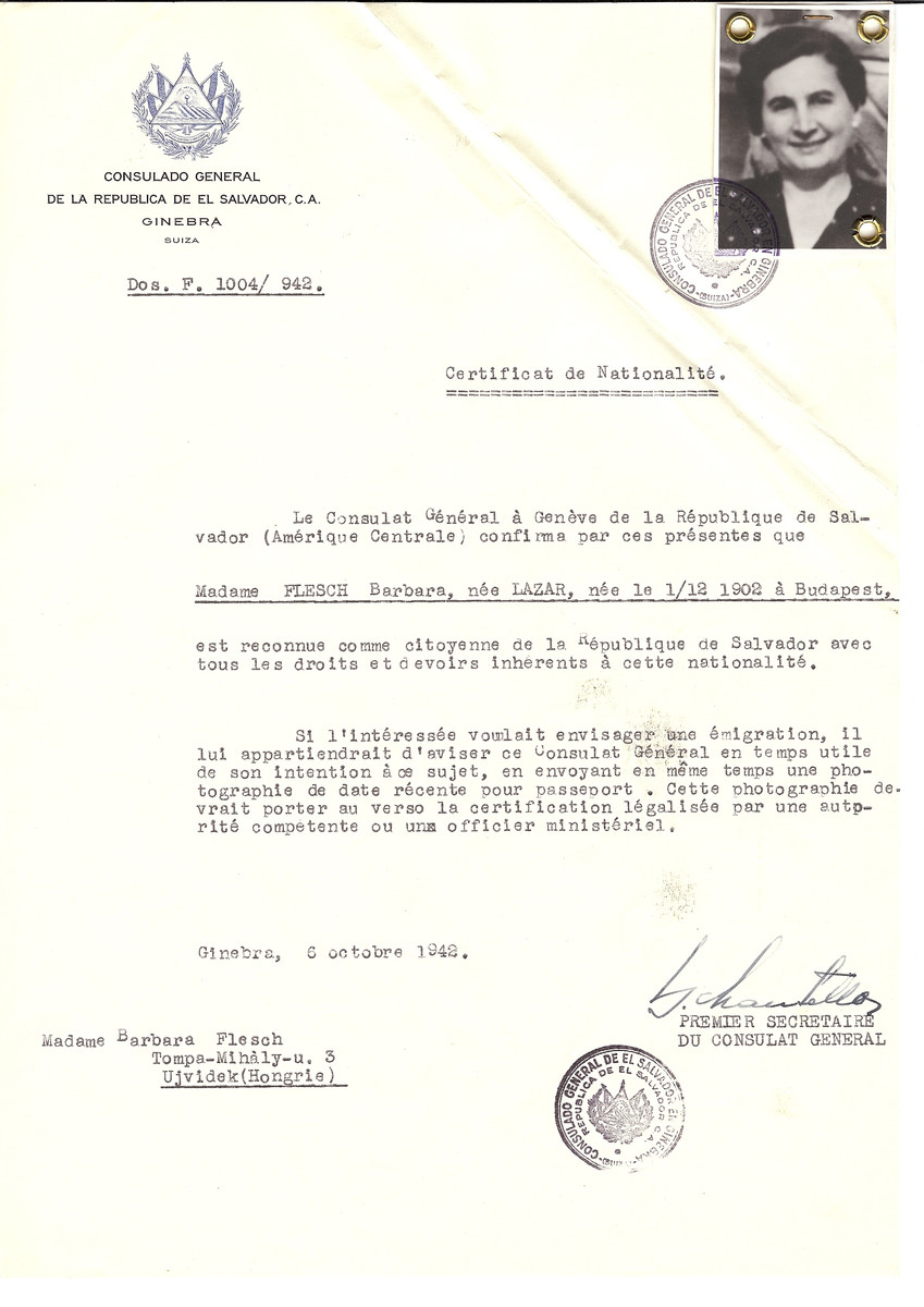 Unauthorized Salvadoran citizenship certificate made out to Barbara (nee Lazar) Flesch (b. December 1, 1902 in Budapest) by George Mandel-Mantello, First Secretary of the Salvadoran Consulate in Geneva and sent to her in Ujvidek.