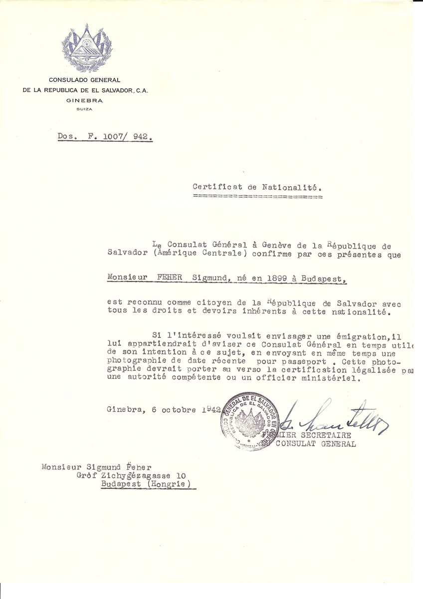 Unauthorized Salvadoran citizenship certificate made out to Sigmund Fehrer (b. 1899 in Budapest) by George Mandel-Mantello, First Secretary of the Salvadoran Consulate in Geneva and sent to him in Budapest.