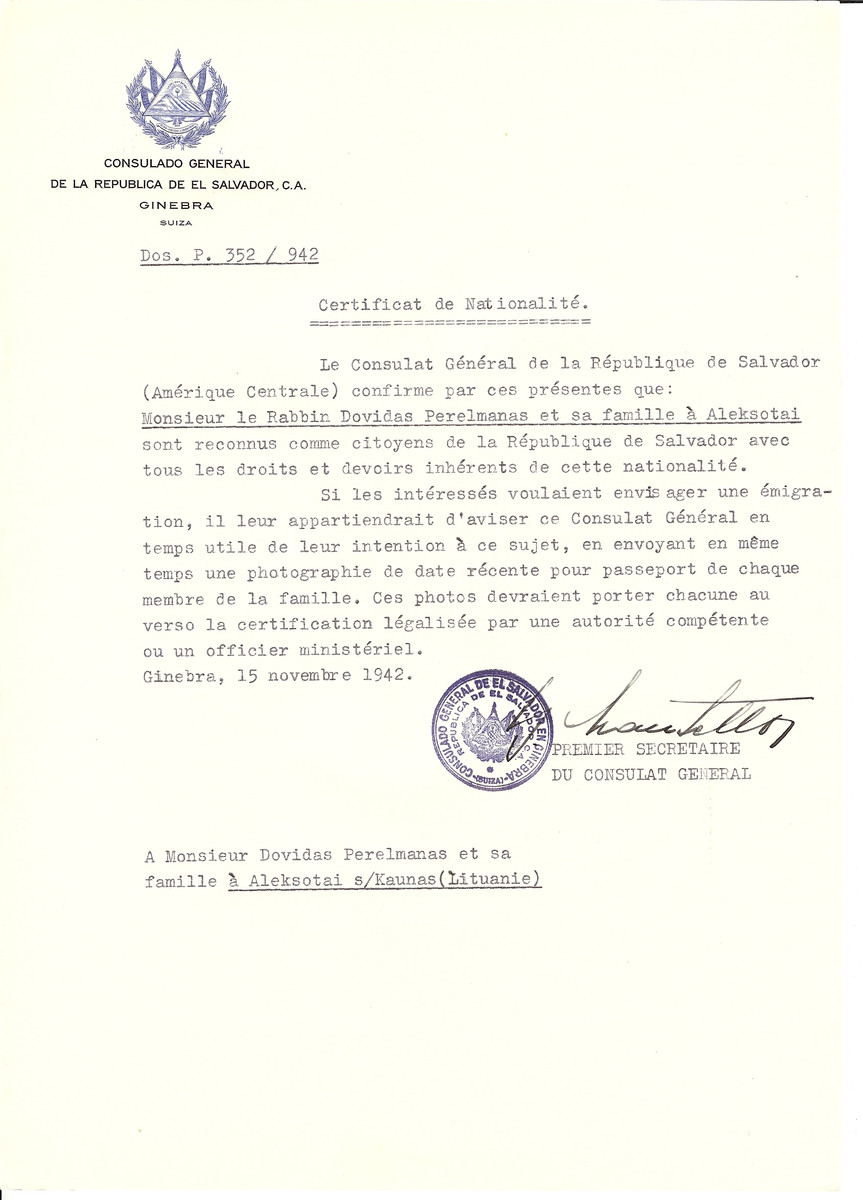 Unauthorized Salvadoran citizenship certificate made out to Rabbi Dovidas Perelmanas and his family by George Mandel-Mantello, First Secretary of the Salvadoran Consulate in Geneva and sent to them in Aleksotai near Kaunas.