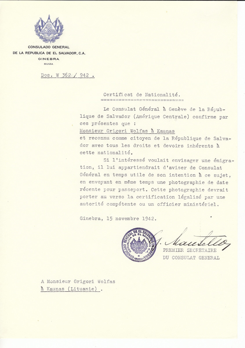 Unauthorized Salvadoran citizenship certificate made out to Grigori Wolfas by George Mandel-Mantello, First Secretary of the Salvadoran Consulate in Geneva and sent to him in Kaunas.