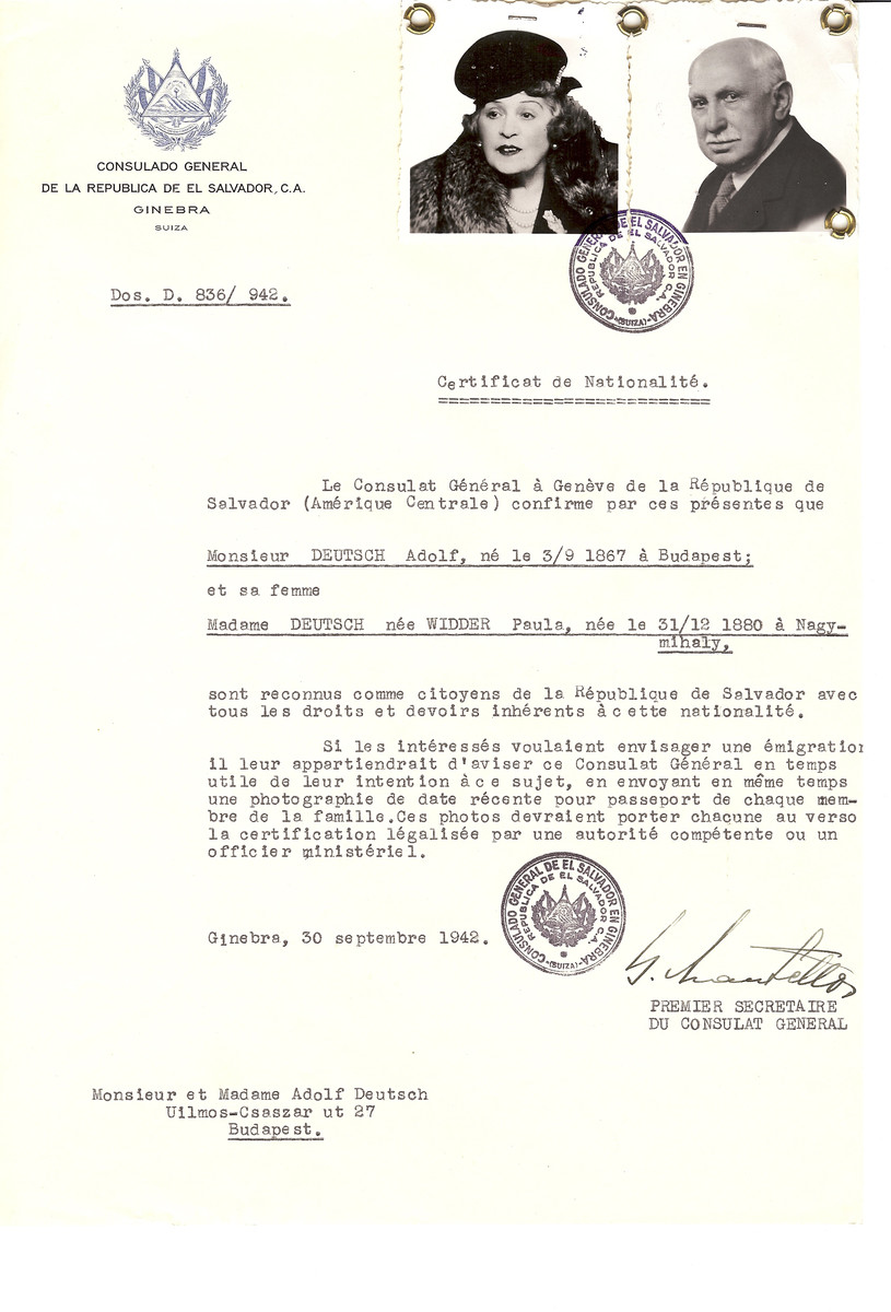 Unauthorized Salvadoran citizenship certificate made out to Adolf Deutsch (b. September 3, 1867 in Budapest) and his wife Paula (nee Widder) Deutsch (b. December 31, 1880 in Nagymihaly) by George Mandel-Mantello, First Secretary of the Salvadoran Consulate in Geneva and sent to them in Budapest.