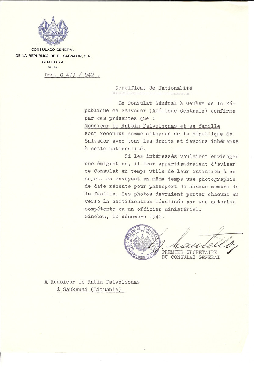 Unauthorized Salvadoran citizenship certificate made out to Rabbi Faivelsonas and his family by George Mandel-Mantello, First Secretary of the Salvadoran Consulate in Geneva and sent to them in Saukenai.