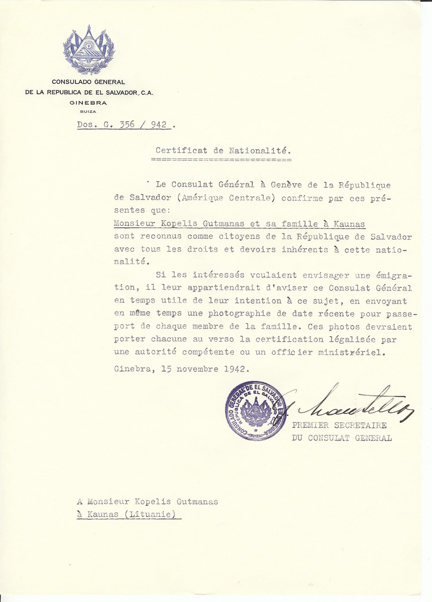 Unauthorized Salvadoran citizenship certificate made out to Kopelis Gutmannas and his family by George Mandel-Mantello, First Secretary of the Salvadoran Consulate in Geneva and sent to them in Kaunas.
