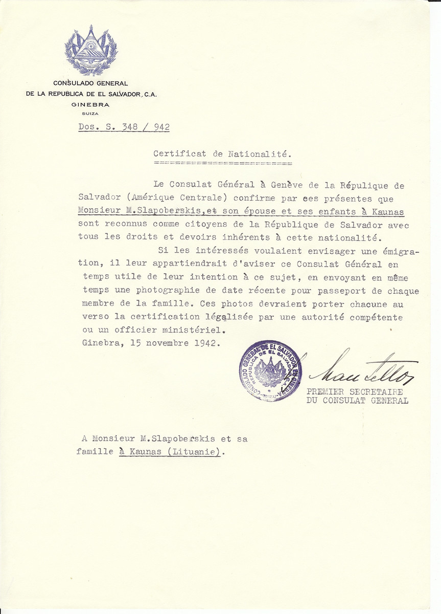 Unauthorized Salvadoran citizenship certificate made out to M. Slapoberskis, his wife and children by George Mandel-Mantello, First Secretary of the Salvadoran Consulate in Geneva and sent to them in Kaunas.