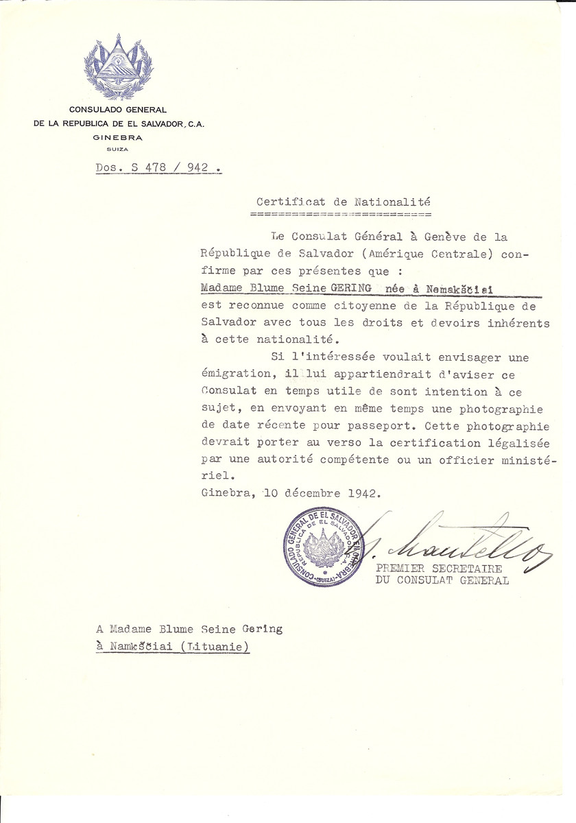 Unauthorized Salvadoran citizenship certificate made out to Blume Gering by George Mandel-Mantello, First Secretary of the Salvadoran Consulate in Geneva and sent to her in Nemaksciai.