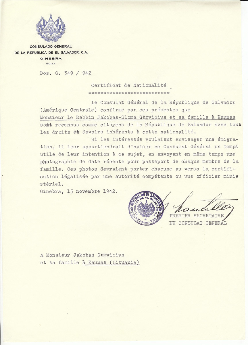 Unauthorized Salvadoran citizenship certificate made out to Rabbi Jakobas-Sloma Gurvicius and his family by George Mandel-Mantello, First Secretary of the Salvadoran Consulate in Geneva and sent to them in Kaunas.