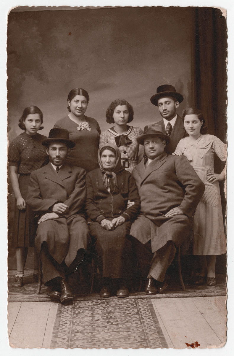 Prewar studio portrait of the Kalb family in Strzyzow, Poland.

Seated left to right are Ben Zion Kalb, his grandmother and Uncle Joseph (who immigrated to Australia). Standind are unidentified, Malka Kalb Halperin (who perished), Slava Kalb, Mendel Kalb (who perished) and unidentified.