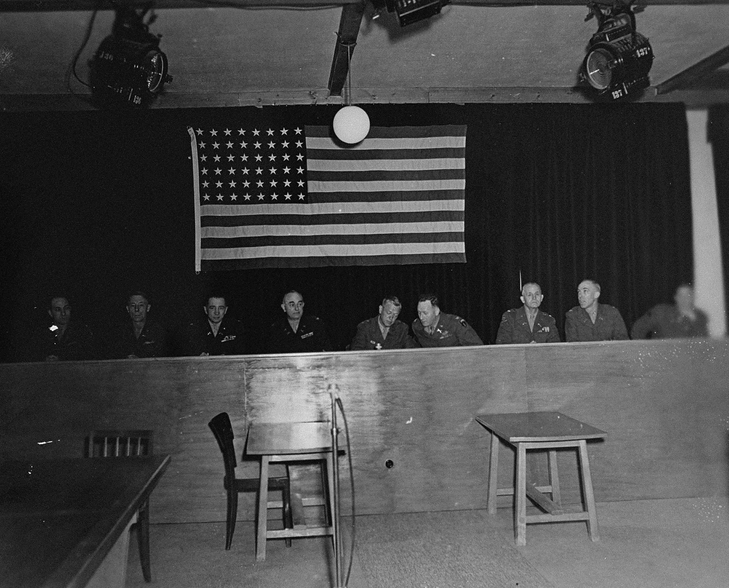 The American Military Tribunal hearing the trial of 61 former camp personnel and prisoners from Mauthausen.  In the middle is the Tribunal's president, Major General Fay Brink Prickett.