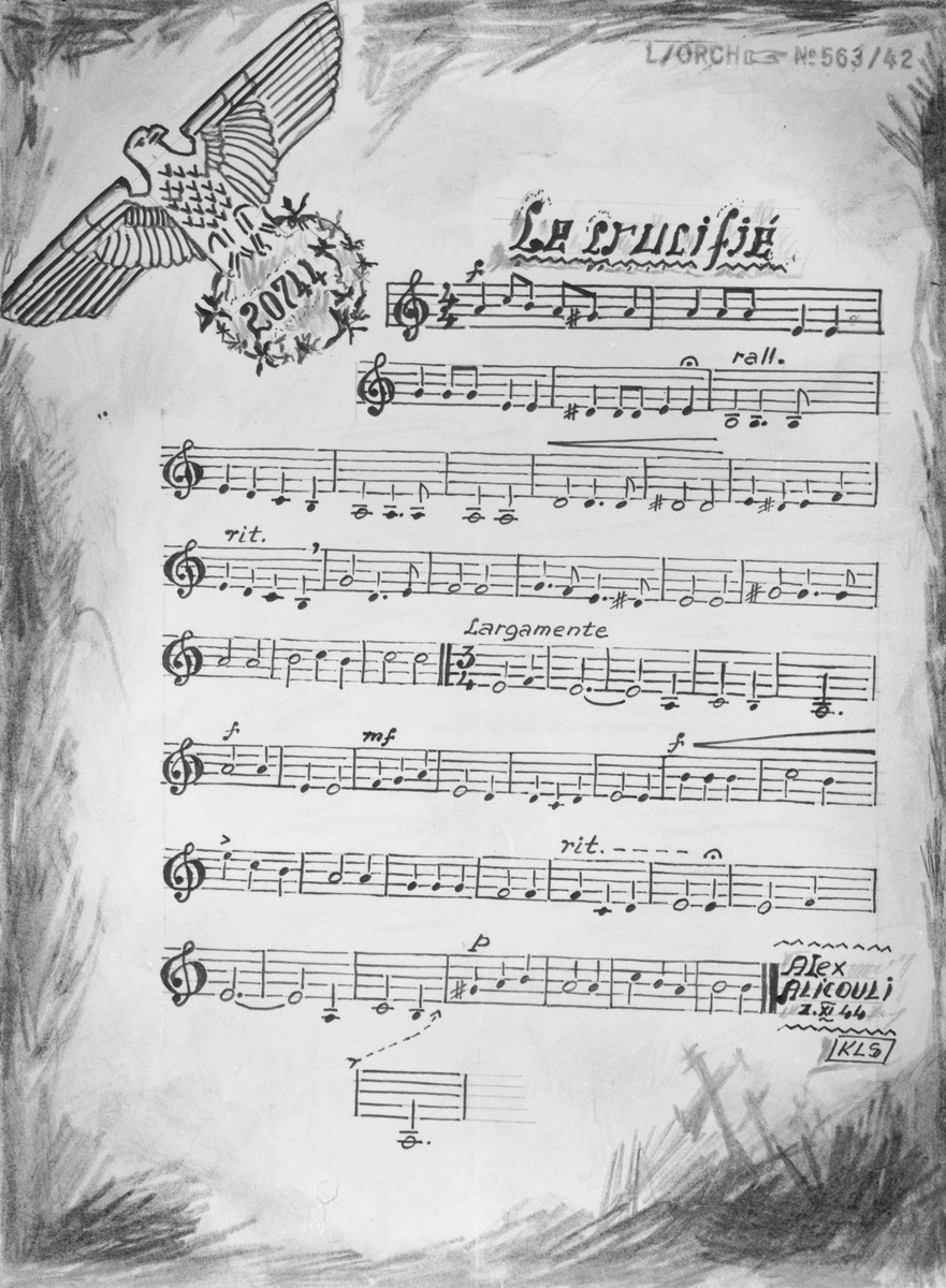 One page of sheet music of a piece entitled "Le crucifié" (The crucified) by Alex Alicouli, a pseudonym for Aleksander Kulisiewicz, and dated II.XI.44, KLS [Sachsenhausen].

The music and lyrics were written by Kulisiewicz during his imprisonment in the Sachsenhausen concentration camp.  The lyrics were originally composed in Polish, and the piece was titled "Ukrzyzowany 1944."  Subsequently, it was translated into French.  The piece was inspired by a report Kulisiewicz received from members of the French resistance upon their arrival in Sachsenhausen, about an incident that took place in Presles, France (near Nice) in the summer of 1944.  According to their account, Germans stormed a resistance safe house in the town, where they found and tortured to death a three-year-old boy.