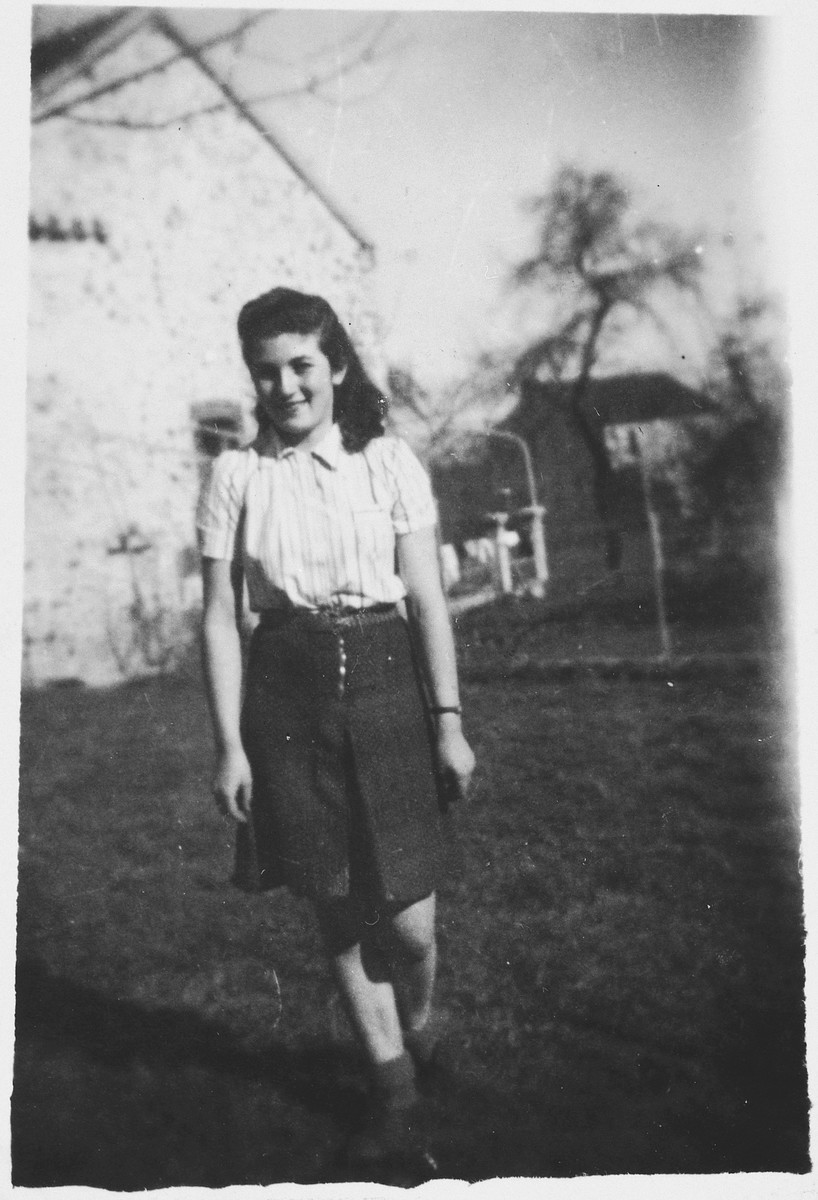 Portrait of a young Jewish refugee woman, Louise Budnik, on the grounds of the Chateau de Chabannes OSE [Oeuvre de Secours aux Enfants] children's home.