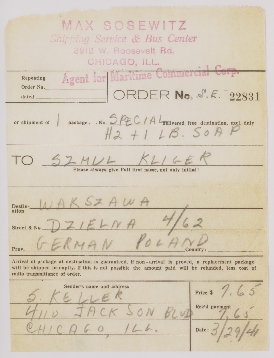 A receipt for a food package sent by Estera Tenenbaum to her Uncle Szmul Kliger in the Warsaw ghetto.