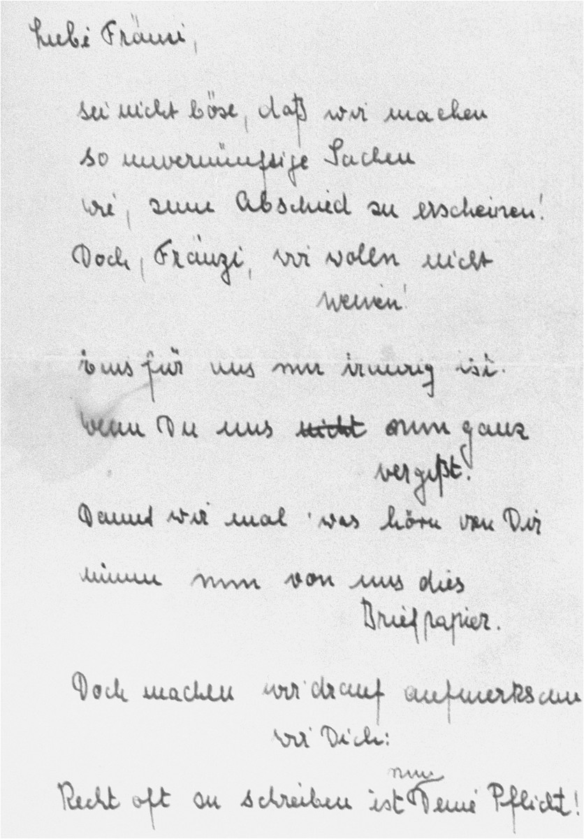 A poem given by Inge Hecht to Frances Rose, before Frances left on the first Kindertransport to England.