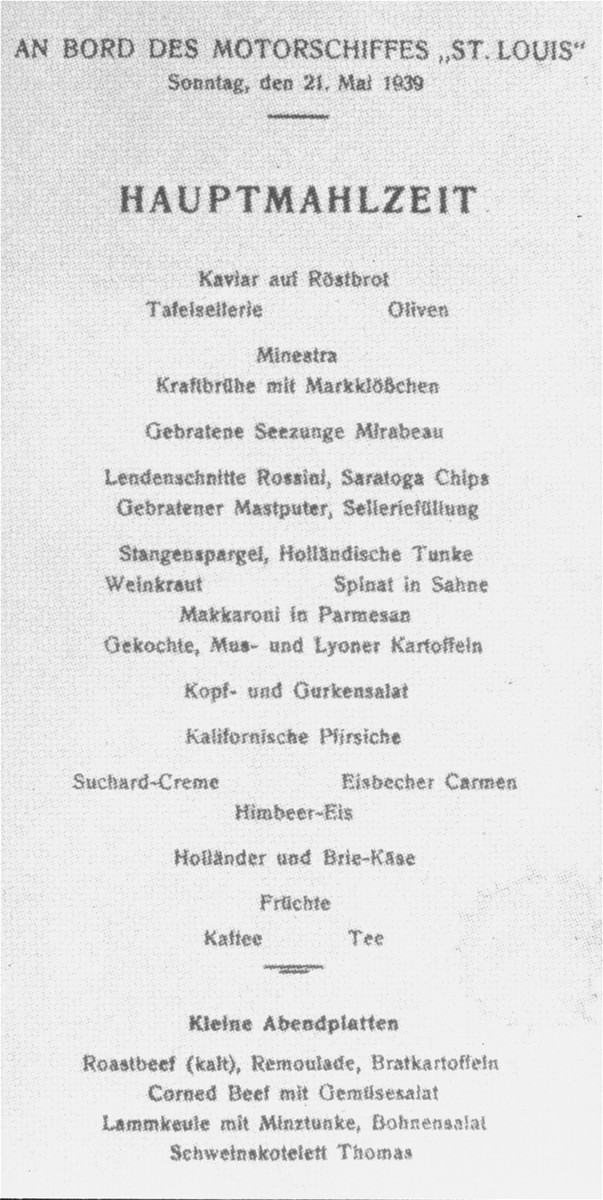 The menu of the MS St. Louis for Sunday, May 21, 1939.