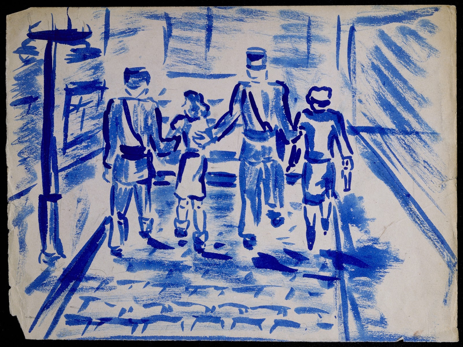 A page of a sketchbook created by Elizabeth Kaufmann during her stay in Nazi-occupied France.   The drawing in blue of a street scene with four figures is entitled "Elizabeth and her mother arrested by French gendarmes."