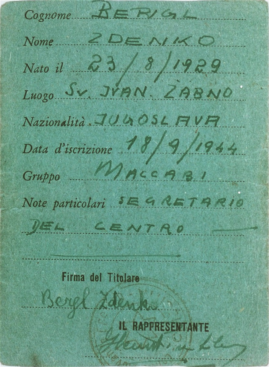 Membership card issued to Zdenko Bergl (and signed by him) for the Jewish youth center at the Cinecitta displaced persons camp.

The club was established by Bergl and Henry Winkler, a fellow DP from Vienna.