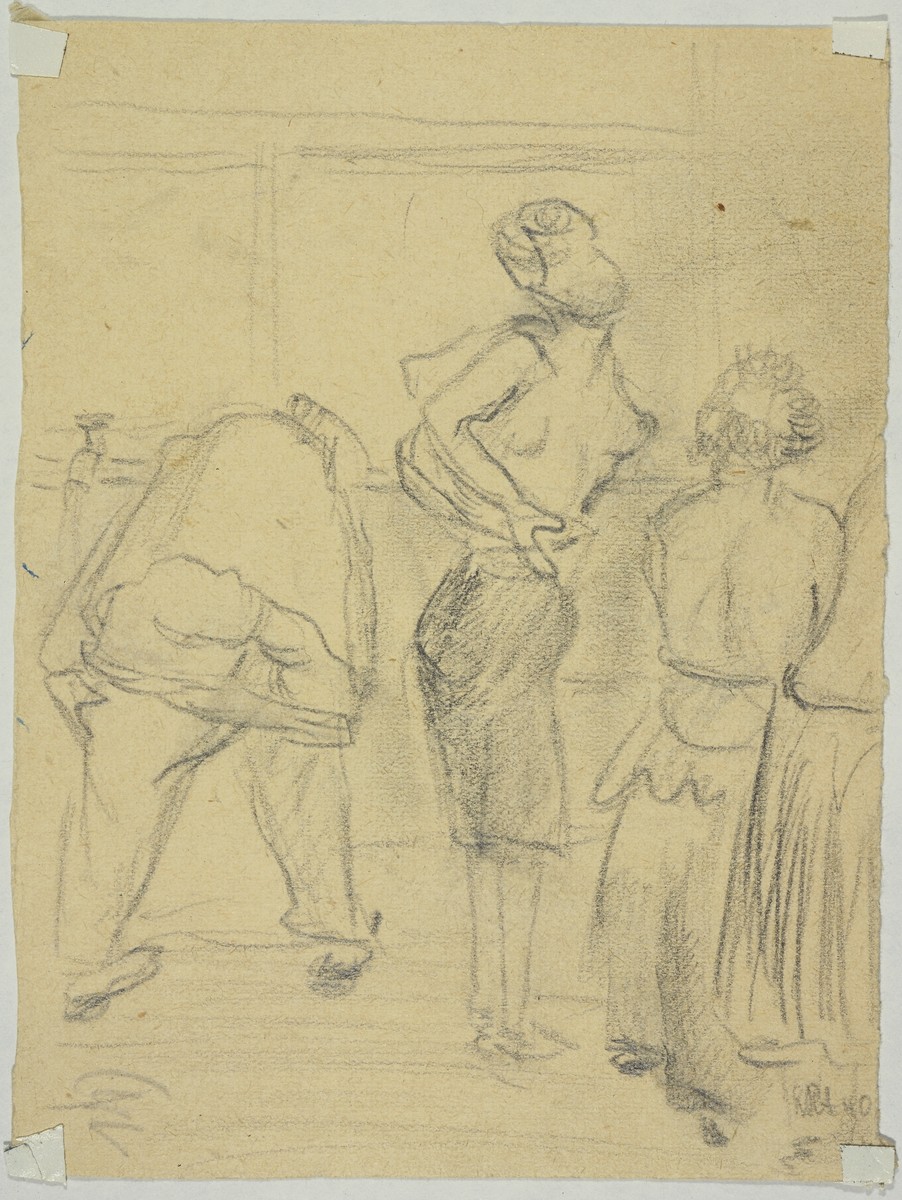 "Women Stripping to Wash" by Lili Andrieux.  Sketch of women getting undressed; verso of 1988.001.01a