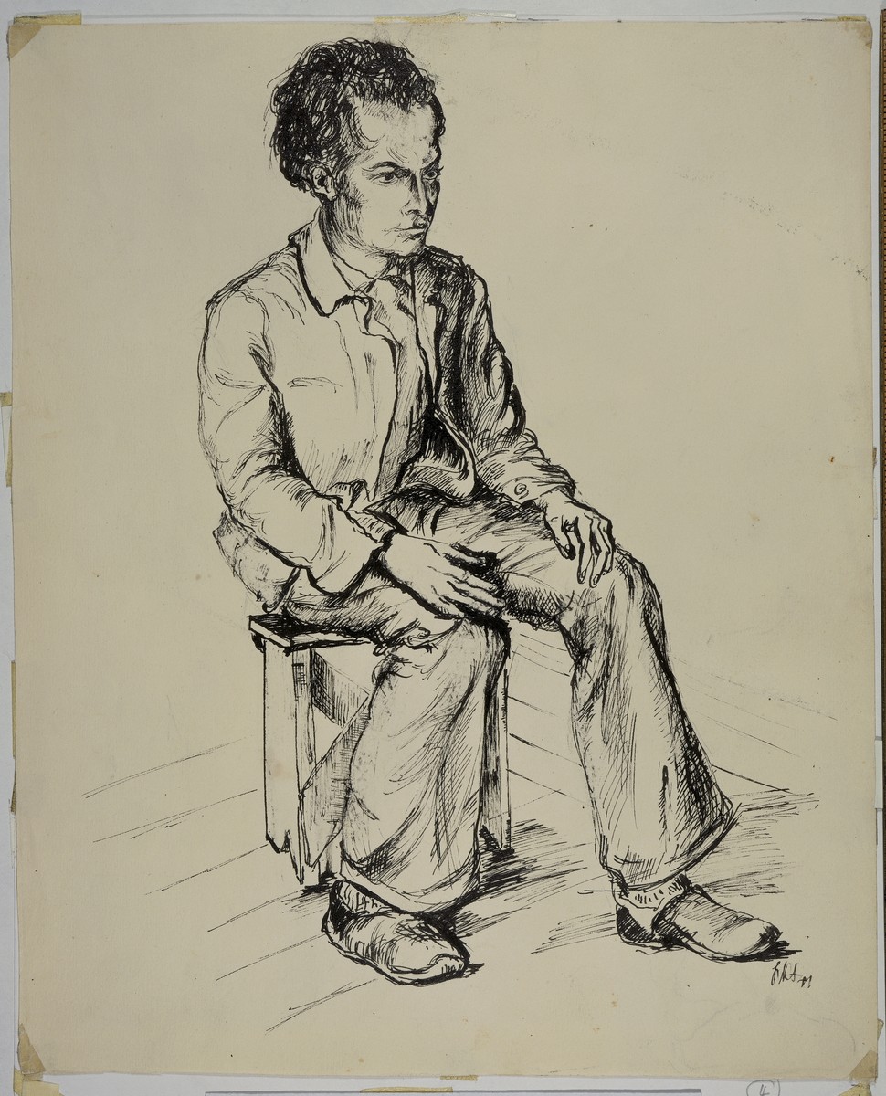 "Un de Mes Petits Freres" [One of My Little Brothers] by Lili Andrieux.  Sketch of man wearing suit, seated on a small stool, his hands on his knees.
