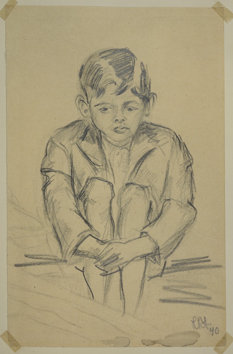 "Garcon Hindou" [Hindu Boy] by Lili Andrieux.  Sketch of small boy seated, arms around his leg.