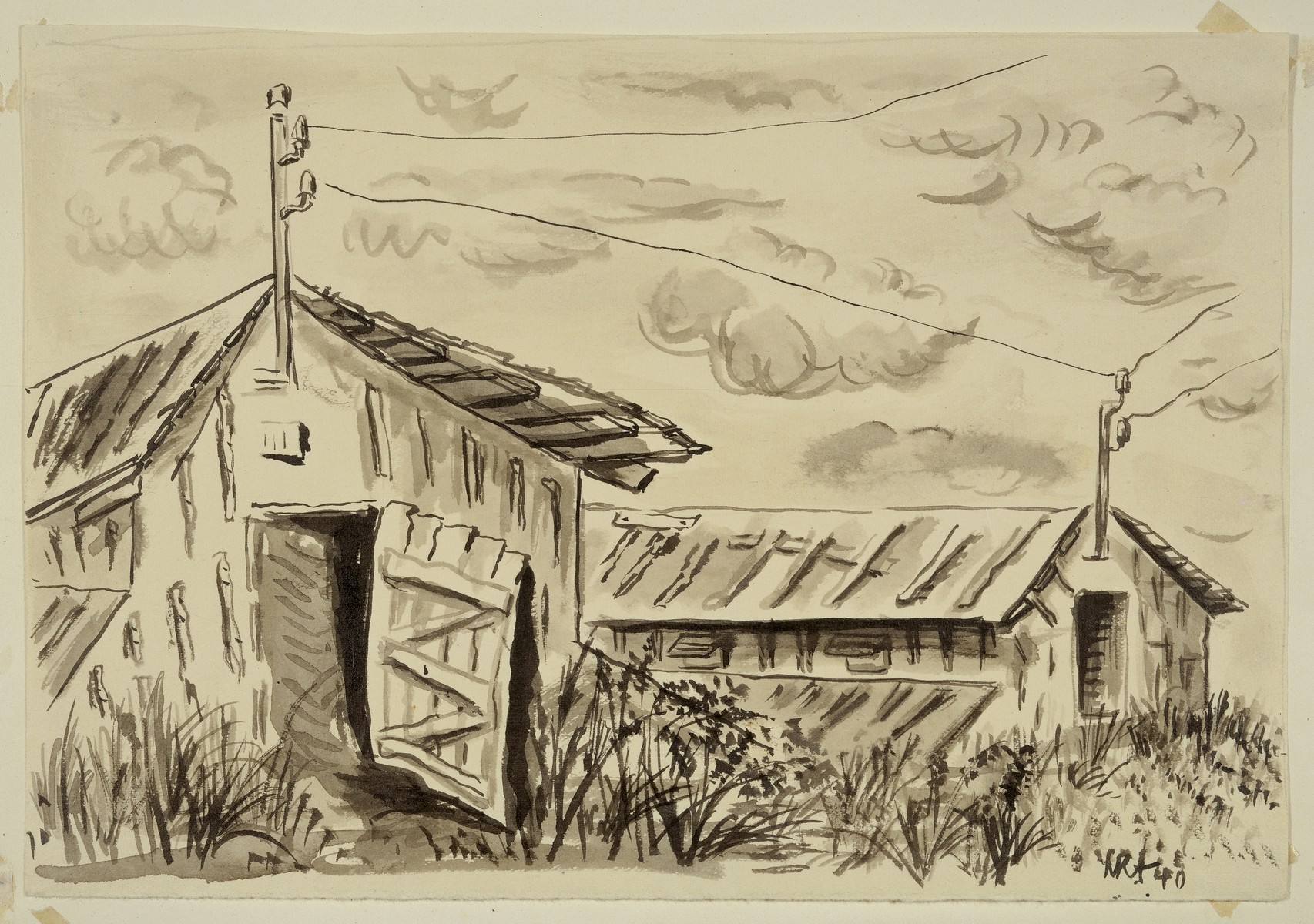 "Convalescent Barracks" by Lili Andrieux.  Sketch of wooden barracks with doors open, and electric utility pole with wires above doors.