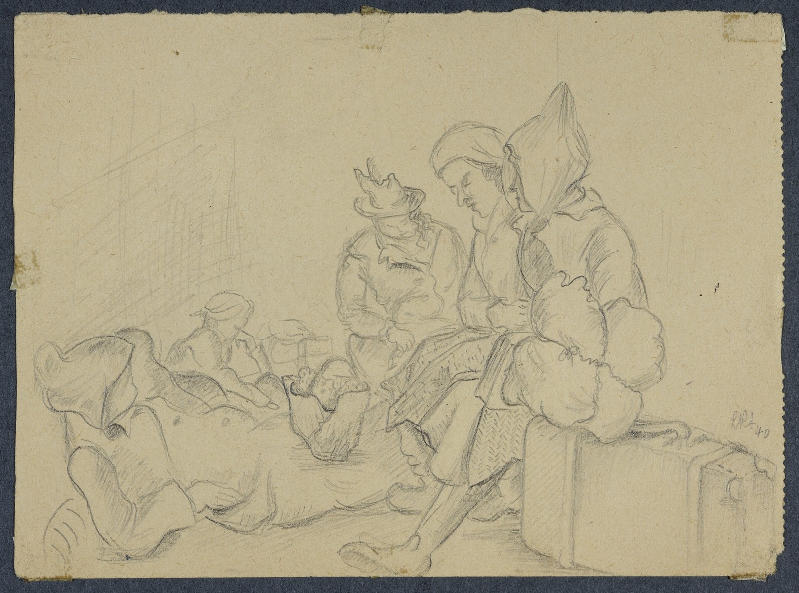 "Waiting for Deportation (VersionII)" by Lili Andrieux.  Sketch of women sitting on suitcases and on the ground with bags and a basket.