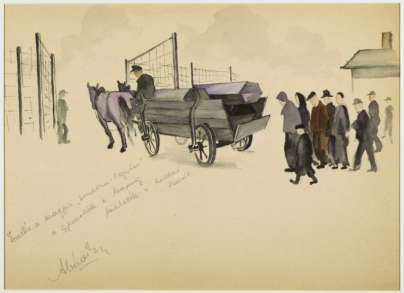 "Funeral in the Hungarian Sondern (Special-Lager- The Mourners were permitted to escort  the Hearse to the Gate" by Ervin Abadi. Watercolor and pencil drawing.

Ervin Abadi, a Hungarian Jew from Budapest, was an aspiring young artist when WWII began.  He was drafted into the Hungarian labor service in the early 1940s.  Abadi managed to escape, but  was recaptured and immediately deported to Bergen-Belsen.  When the camp was liberated, his condition was such that he required extended hospitalization.  During his convalescence, he created dozens of works of holocaust art, including ink drawings, pencil and ink sketches and  watercolors.
After recuperating Abadi returned to Budapest, where he published a collection of his watercolors in 1946.  After becoming disillusioned with the communist regime in Hungary, he moved to Israel, where he continued to publish in Hungarian and Hebrew.  He died in Israel in 1980.