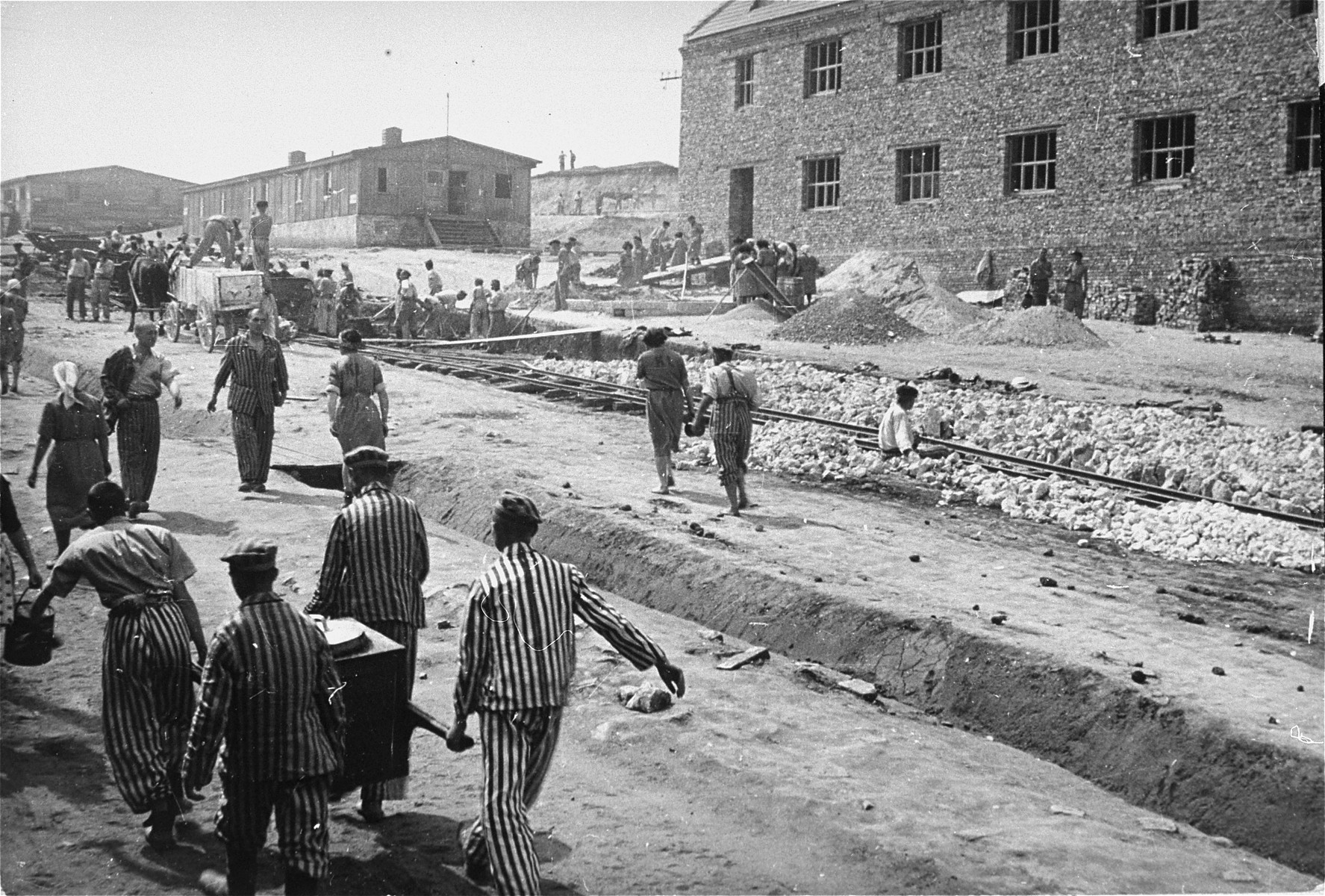 Four prisoners in the foreground carry a food container to others at forced labor.