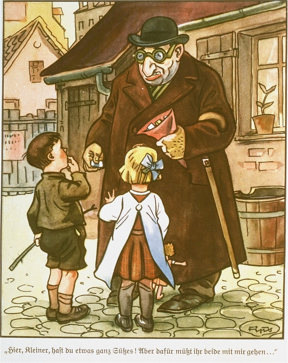 Page from the anti-Semitic German children's book, "Der Giftpilz" ( The Poisonous Mushroom).  The text reads,  "Here, little ones, have some candy!  But for that you will both have to come with me..."