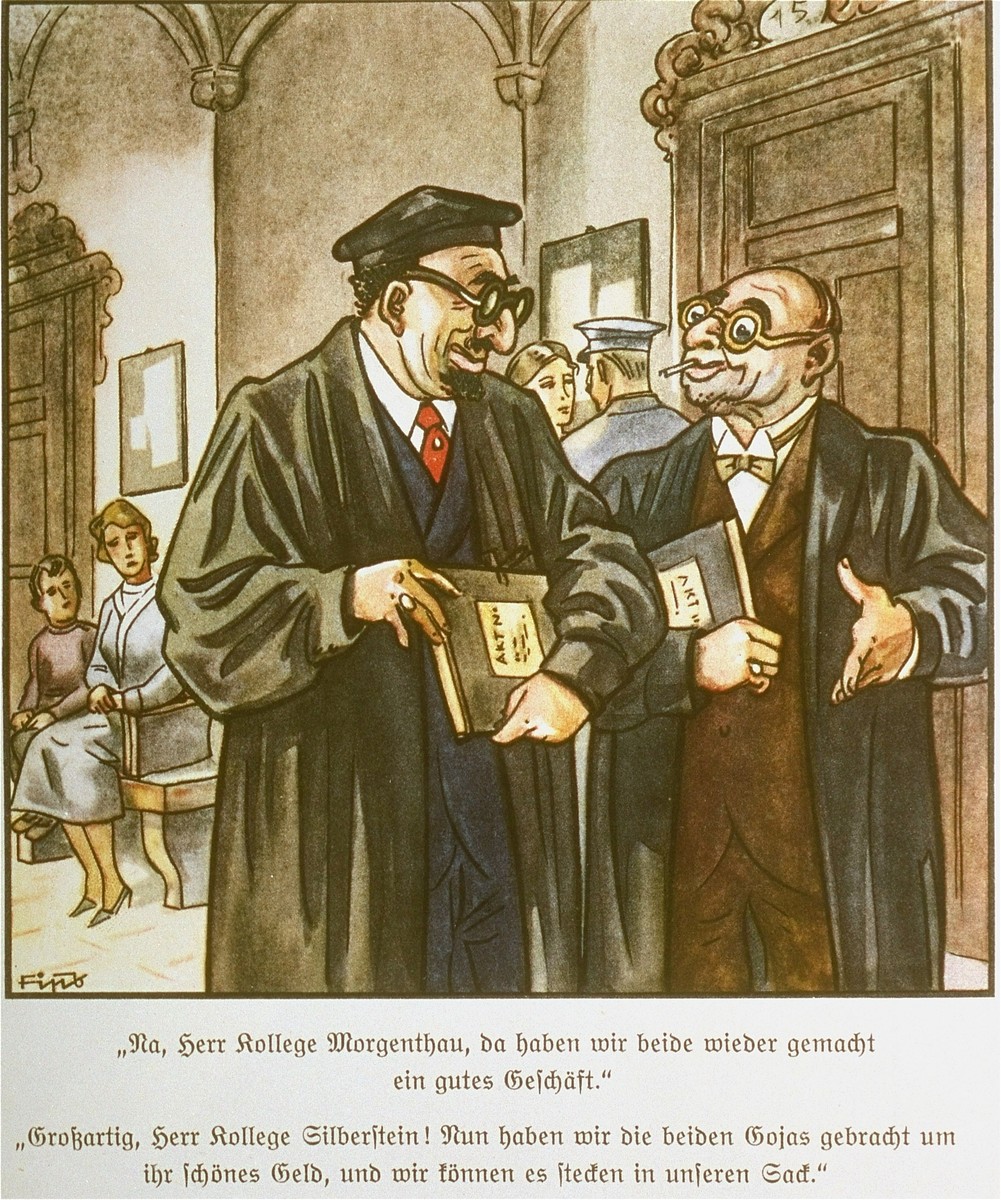 Page from the anti-Semitic German children's book, "Der Giftpilz" ( The Poisonous Mushroom).  The text reads,  " 'Well, colleague Morgenthau, we both made another good deal!'  'Wonderful, colleague Silberstein,!  We got good money out of those two goyim and can stuff it into our sack.' "