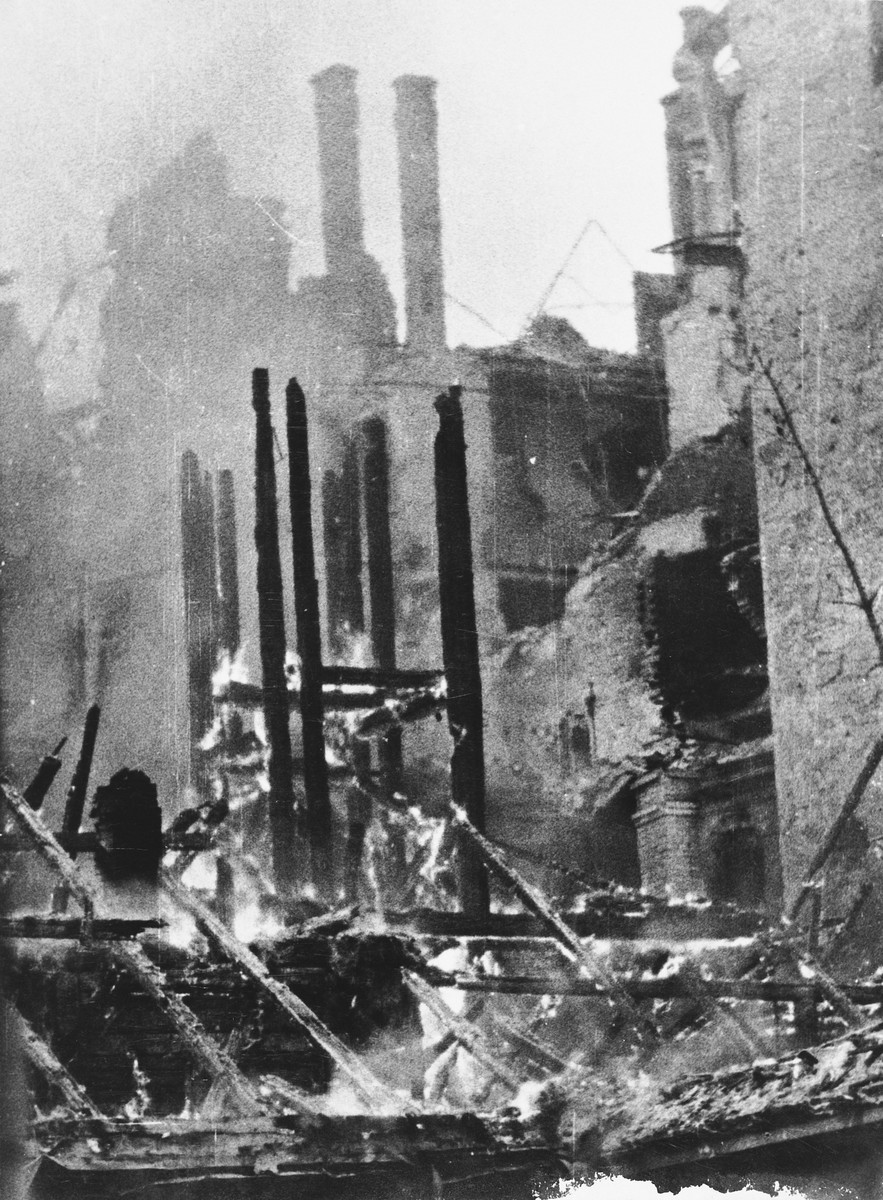 View of the smoldering ruins of a building in Warsaw following a German aerial attack.