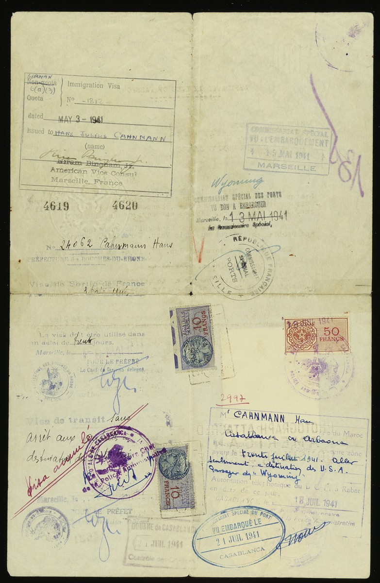 Verso of an affadavit in lieu of passport issued to Hans Julius Cahnmann by Hiram Bingham, Jr., Vice Consul of the United States of America for the district of Marseille, France.