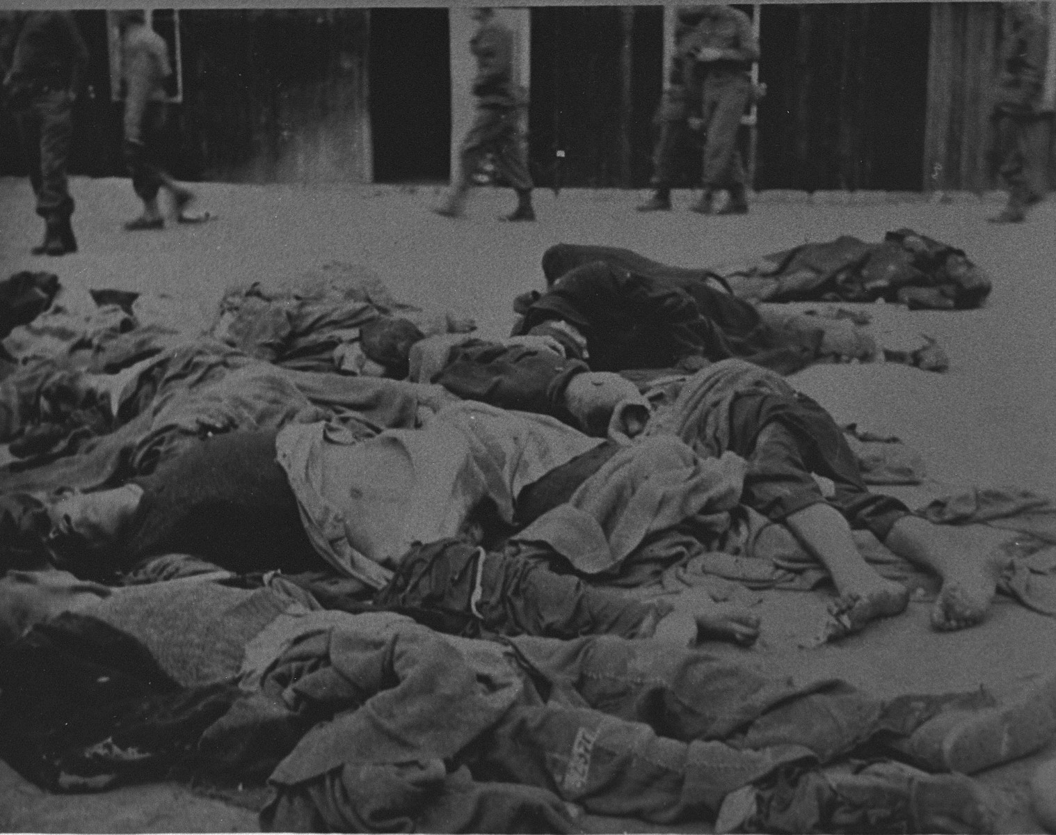 American soldiers in the background walk past corpses in Ohrdruf.