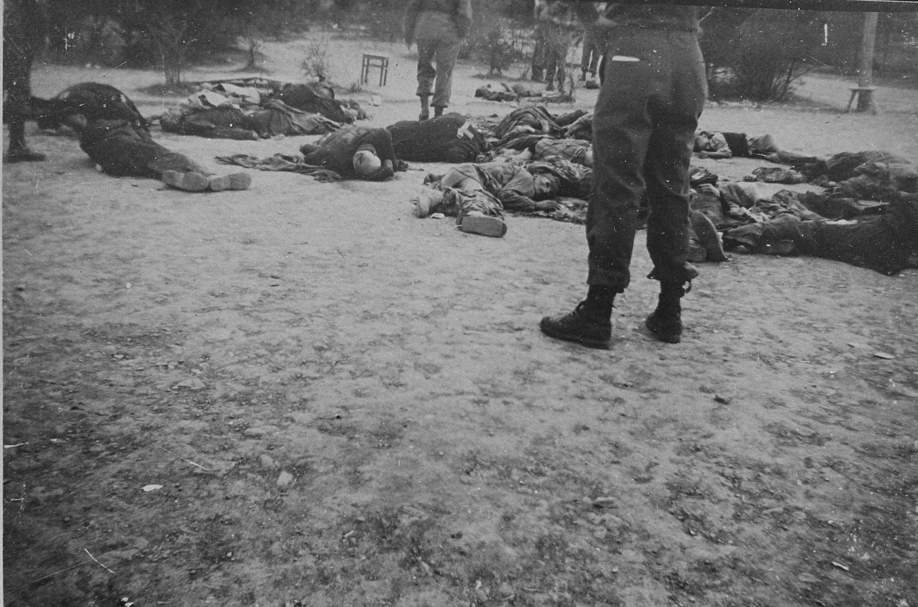 The corpses of executed prisoners found by American soldiers upon the liberation of Ohrdruf.