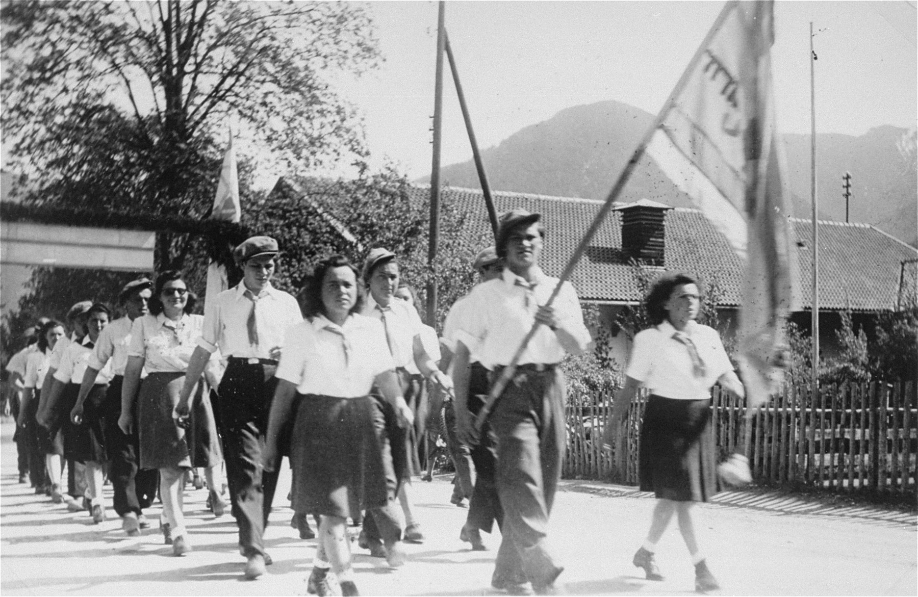 Jewish DPs reenact the death march from Dachau to Tyrol as they march in protest against British immigration policy to Palestine at the Mittenwald displaced persons camp.