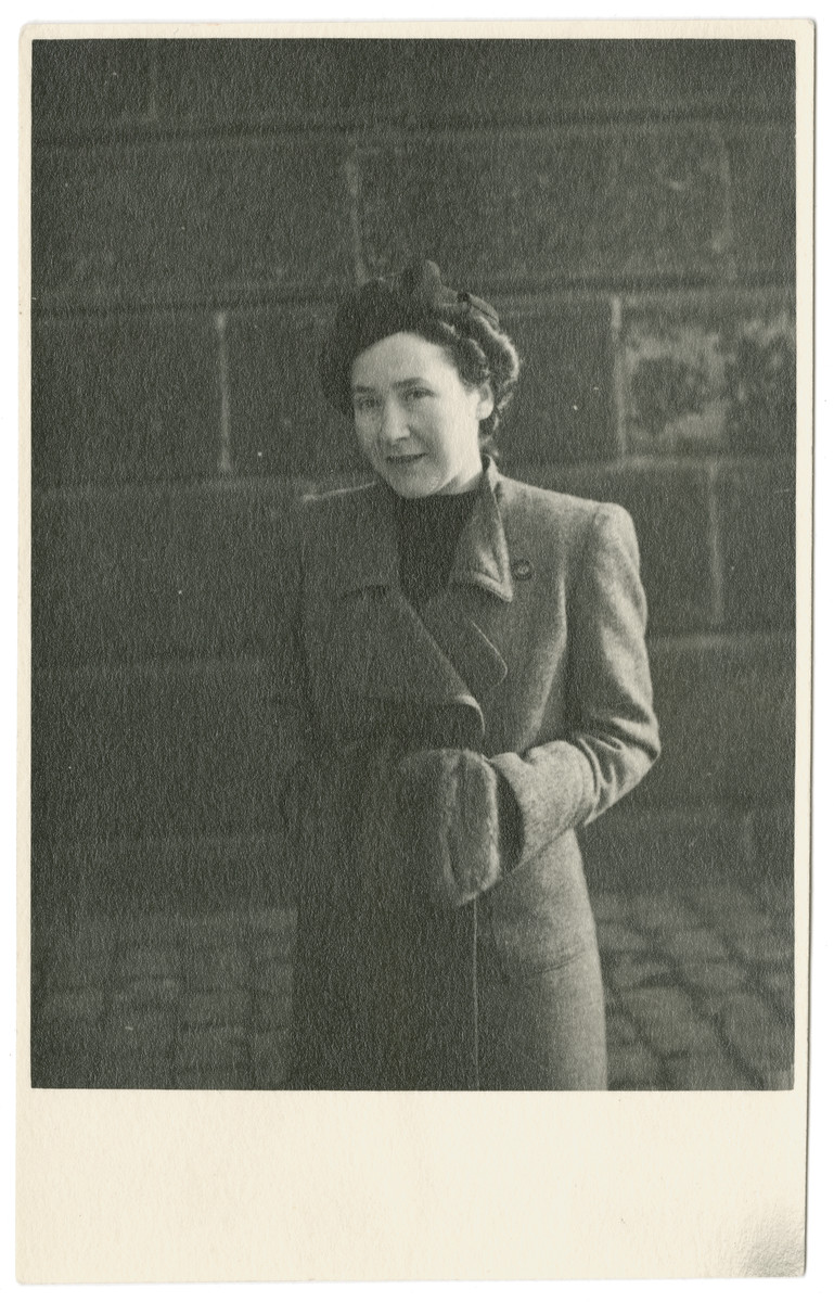 Close-up portrait of Vilma Grunwald wearing a winter coat and muff taken shortly before she and her family were deported to Theresienstadt.